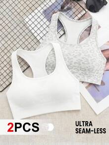SHEIN Cheerettes 女款無縫 2 入組運動內衣，白色網布設計，可拆式胸墊，純色與豹紋款，適合健身瑜伽 - 白色 - 查看 1