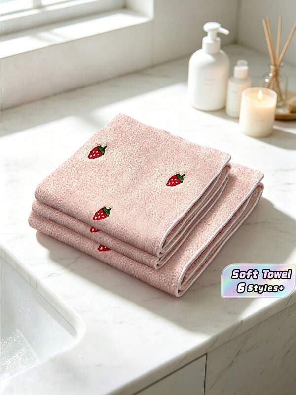 1PC Coral Fleece Embroidered Strawberry Hand Towel Microfiber Solid Color Soft Absorbent Quick Dry Bath Towel Washcloth For Home Bathroom Washroom Couple Use Lightweight Durable Skin Friendly
