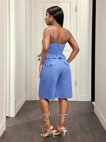 Slaydiva Women's Summer Casual Spaghetti Strap Shorts Denim Set - Blue - View 2