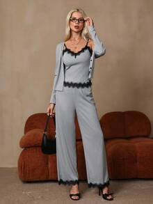 HautHeat Women's Lace Patchwork Camisole & Long Pants & Long Sleeve Top Loungewear Set - Light Grey - View 5