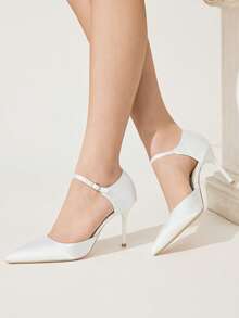 CUCCOO CHICEST Women Shoes Satin Buckle With Pointed Tip Stiletto Hollow Shoes Commuter Style Four-Season Models Suitable For Workplace Dating - White - View 3