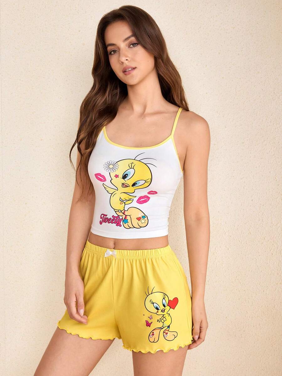 LOONEY TUNES X SHEIN Women's Cartoon Print Camisole Top And Shorts Casual Loungewear Pajama Set - Yellow - View 1