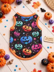 PETSIN 1pc Pet Halloween Black & Orange Patchwork Pumpkin Cartoon Breathable Lightweight Dog Vest - Multicolor - View 1