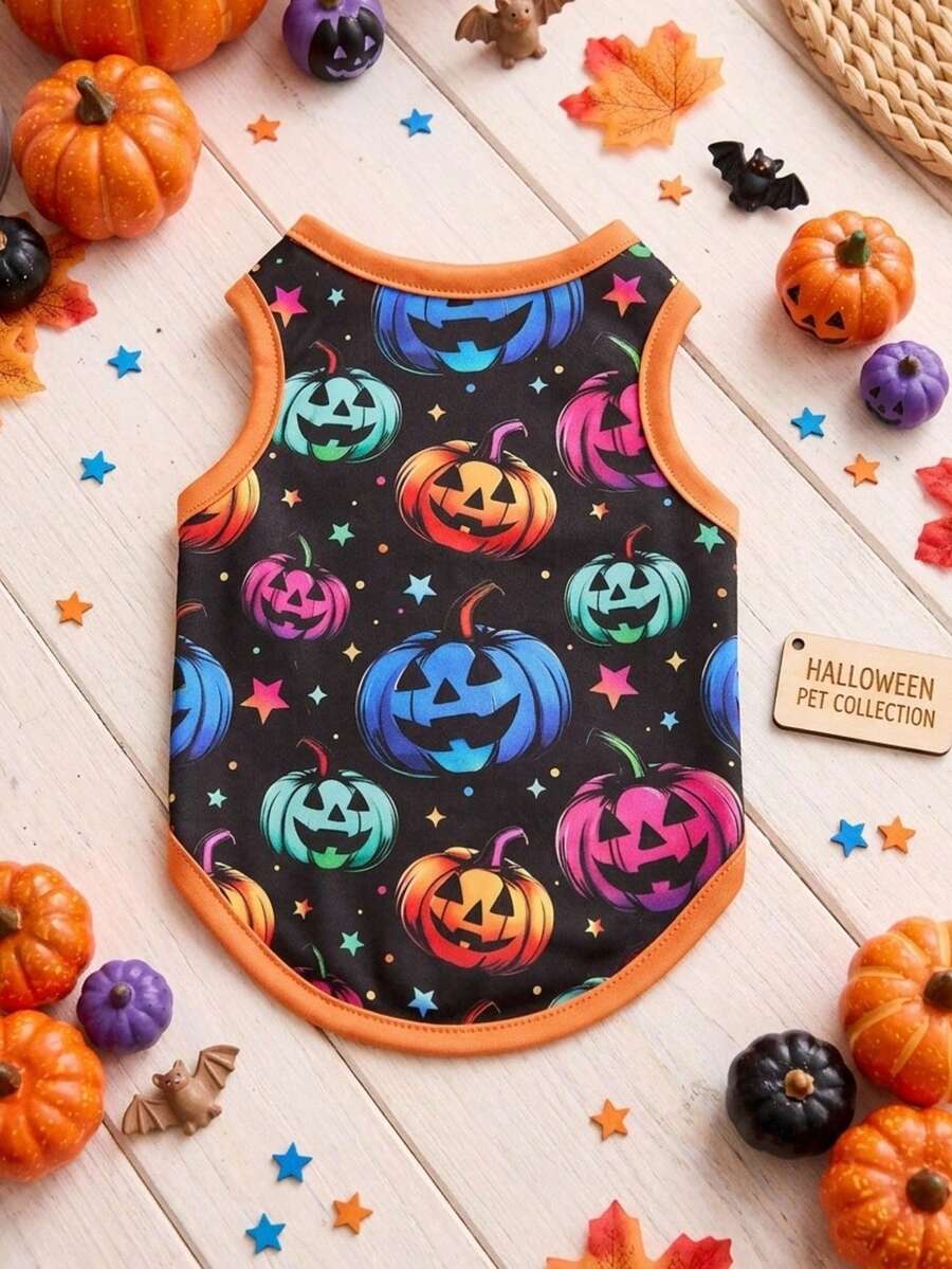 PETSIN 1pc Pet Halloween Black & Orange Patchwork Pumpkin Cartoon Breathable Lightweight Dog Vest - Multicolor - View 1