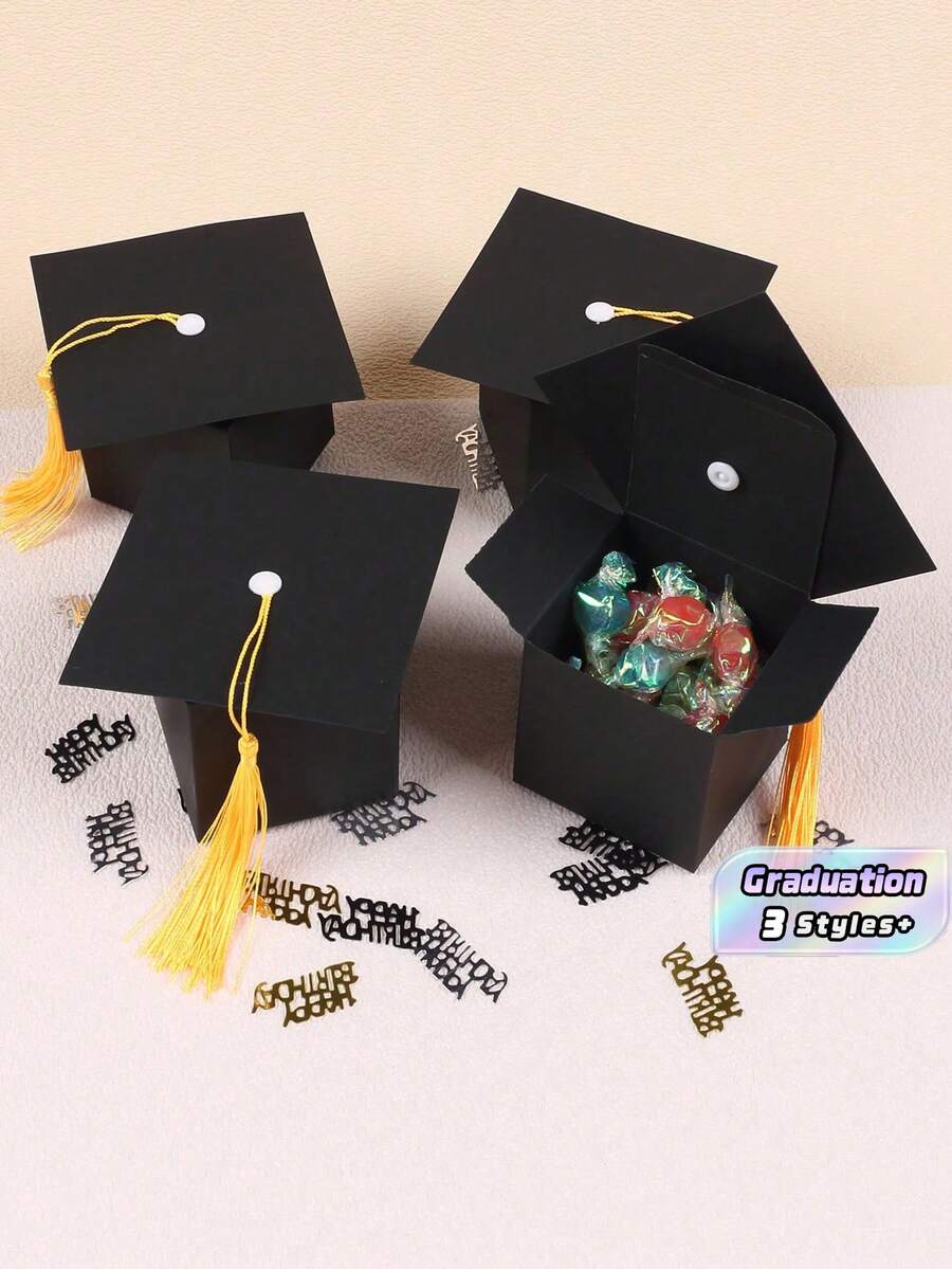 100/30/50pcs, Graduation Hat Candy Gift Box, Graduation Ceremony Party Sweet Cookie Chocolate Gift Box, Graduation Table Decorations With Gold Tassels - Black - View 1