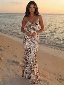 Aloruh Women's Vacation Beach Vacation Animal Print Backless Halter Dress Beige Summer Sexy Tropical - Beige - View 7