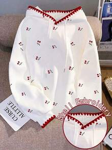 Resyla Women's Cute Cherry Embroidered Hoodie, Red Shell Embroidered Hood Edge Drawstring Long Sleeve Casua - White - View 1
