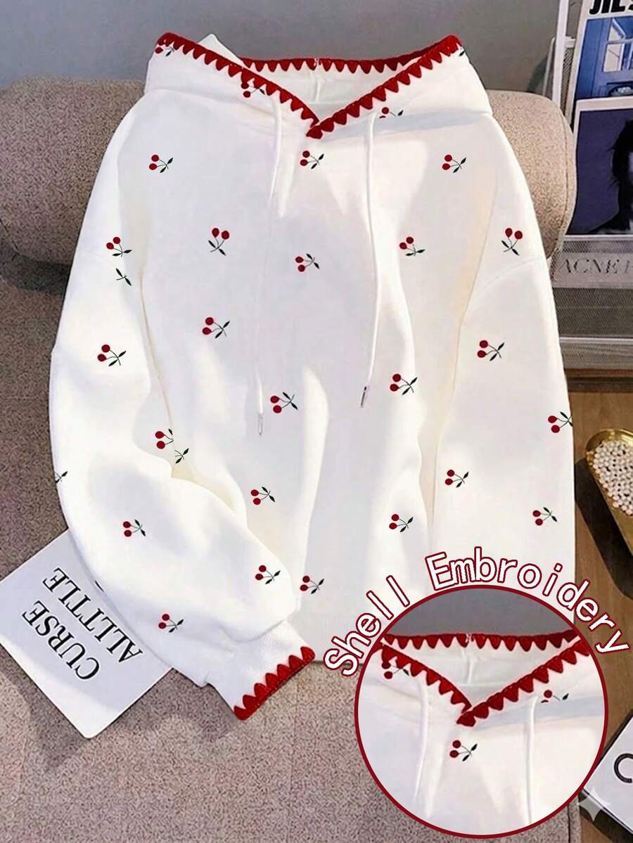 Resyla Women's Cute Cherry Embroidered Hoodie, Red Shell Embroidered Hood Edge Drawstring Long Sleeve Casua - White - View 1