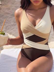 Costavie 女款休閒拼接抓皺修身優雅露背連身泳衣，適合運動與海灘 - 彩色 - 查看 5