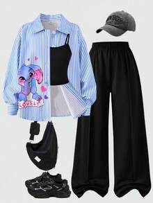 SHEIN Genkimix Kids 3件套黃色長袖條紋數位印花襯衫、黑色長褲、細肩帶背心，適合春夏戶外穿著 - 藍色 - 查看 3