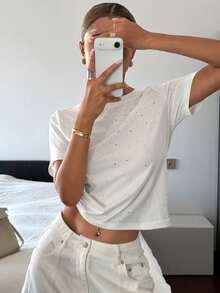 DAZY Street Rhinestone Round Neck Short Sleeve T-Shirt Music Festival - White - View 3