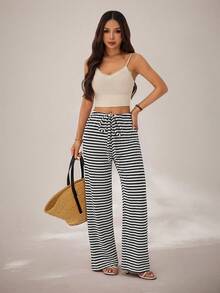 SHEIN PETITE Women Pants Vacation Black And White Striped Checkered Summer Boho Casual Holiday - Black and White - View 3