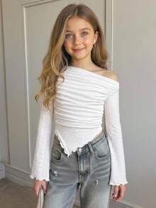 SHEIN Girlism 兒童青少年女孩 T-shirt，甜美休閒優雅白色露肩針織上衣，Y2K 風格，白色上衣，返校季 - 白色 - 查看 3