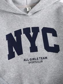 SHEIN Tween女孩秋冬休閒保暖內裡加厚衛衣套裝，紐約市印花，寬鬆圓領，落肩長袖連帽，搭配印花牙籤壓褶寬腿直筒運動褲，2件式運動衛衣套裝，麻灰色 - 灰色 - 查看 4