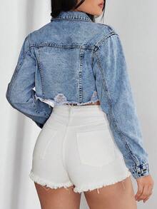 SHEIN EZwear 女款單排扣毛邊下擺休閒百搭日常牛仔夾克 - 中等水洗藍 - 查看 2