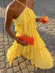 Soleia Nouvelle robe longue élégante et romantique pour invitée de mariage, couleur unie, dos nu, volants multicouches en mousseline, bohème, boho, floral romantique, vacances, fête florale, rendez-vous, Saint-Valentin, Pâques, carnaval, thé de l'après-midi, plage, croisière, vacances, rue de la ville, vacances - Jaune citron - Voir 3