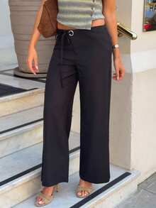 Harriette Anya Women's Casual Plain Grey Wide-Leg Relaxed Fit Trousers With Drawstring & Mesh Panel Decoration, Versatile For & Commute ,Business Casual Woman Black - Black - View 6