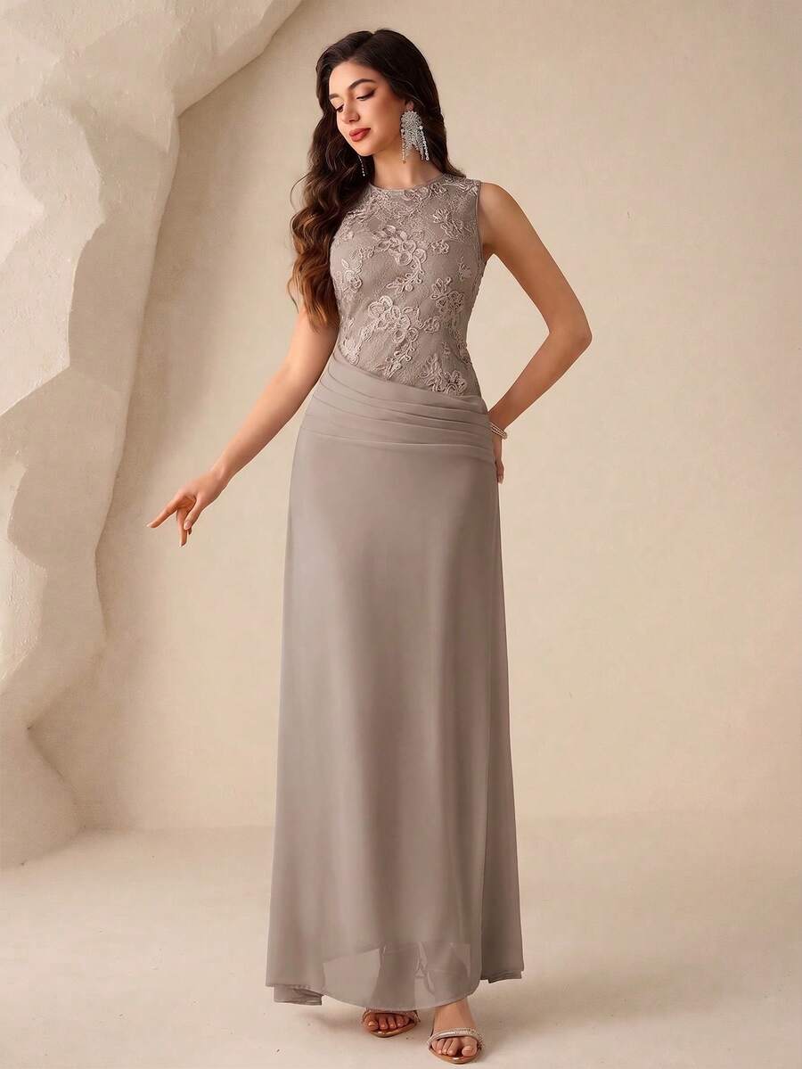 Coutiva Gaun Malam Elegan, Gaun Pas Badan Berbordir Mewah untuk Pesta Formal - Khaki - View 1