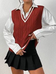 SHEIN Almamuse 女士休闲撞色边饰毛衣背心，秋冬 - 酒紅色 - 查看 7