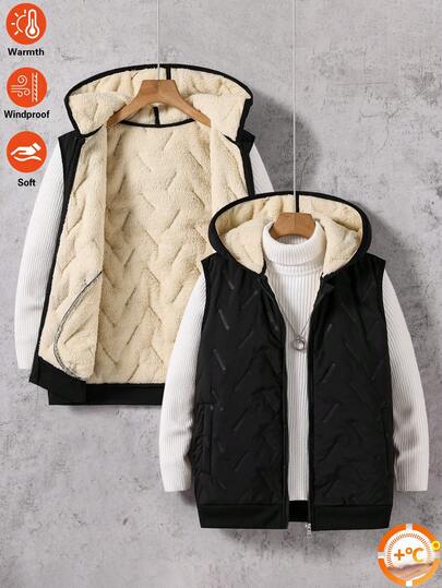 Boys' Casual Hooded Quilted 3-In-1 Fleece Lined Thickened Pocket Vest, Simple Fashion Versatile, Autumn/Winter