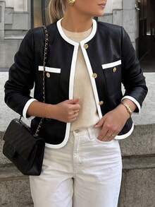 GlowEve CURVE Plus Size Spring/Autumn Casual Commuter Colorblock Trim Jacket - Black and White - View 5