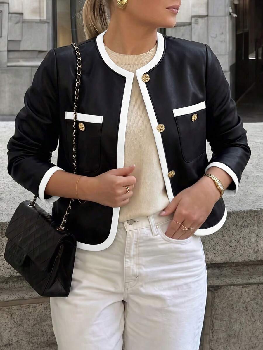 GlowEve CURVE Plus Size Spring/Autumn Casual Commuter Colorblock Trim Jacket - Black and White - View 1
