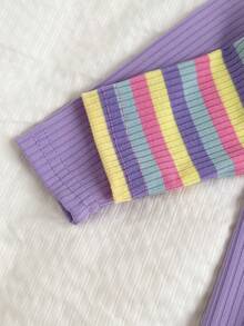 2pcs Baby Girls Fall Winter Pink Purple Colorful Ribbed Ribbed Long Sleeve Romper & Matching Bow Headband Set - Purple - View 9