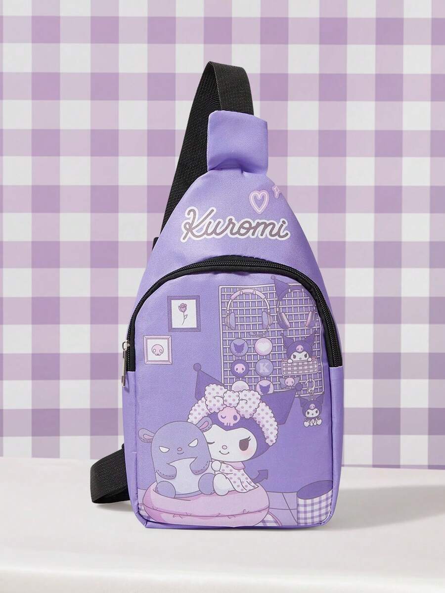 HELLO KITTY AND FRIENDS | SHEIN 紫色可愛角色印花單肩包,休閒可調節肩帶胸包 - 紫色 - 查看 1