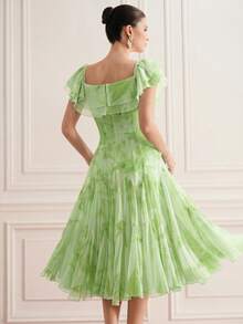 Zanirela Summer Yellow Colorblock Tie-Dye Floral Random Print Chiffon Off Shoulder Dress, Layered Ruffle Design, 3D Cut Multi-Layer Inset Craftsmanship, Romantic Elegant Style, Suitable For Summer Parties, Beach Vacation And Wedding Bridesmaid, Waist-Cinching Slim Fit, Lightweight Pleated Chiffon Fabric, Layered Ruffle Skirt For Summer Vacation, Date And Picnic - Green - View 3