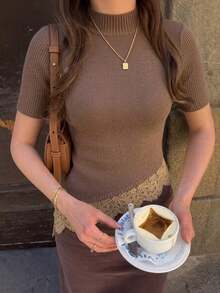 Serisse Women's Elegant Lace Patchwork Stand Collar Short Sleeve Knit Top Autumn Winter Layering Slim Fit Knitted Shirt - Brown - View 7
