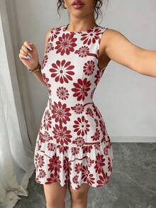 SHEIN Elenzya Bohemian Romantic Women's French Elegant Woven Floral Print Round Neck Sleeveless Waist-Cinching Mini Dress, Holiday Summer Garden Party Brunch White - Red - View 4