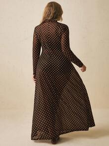 Freevana Plus Size Elegant Polka Dot Dress Fall - Brown - View 2