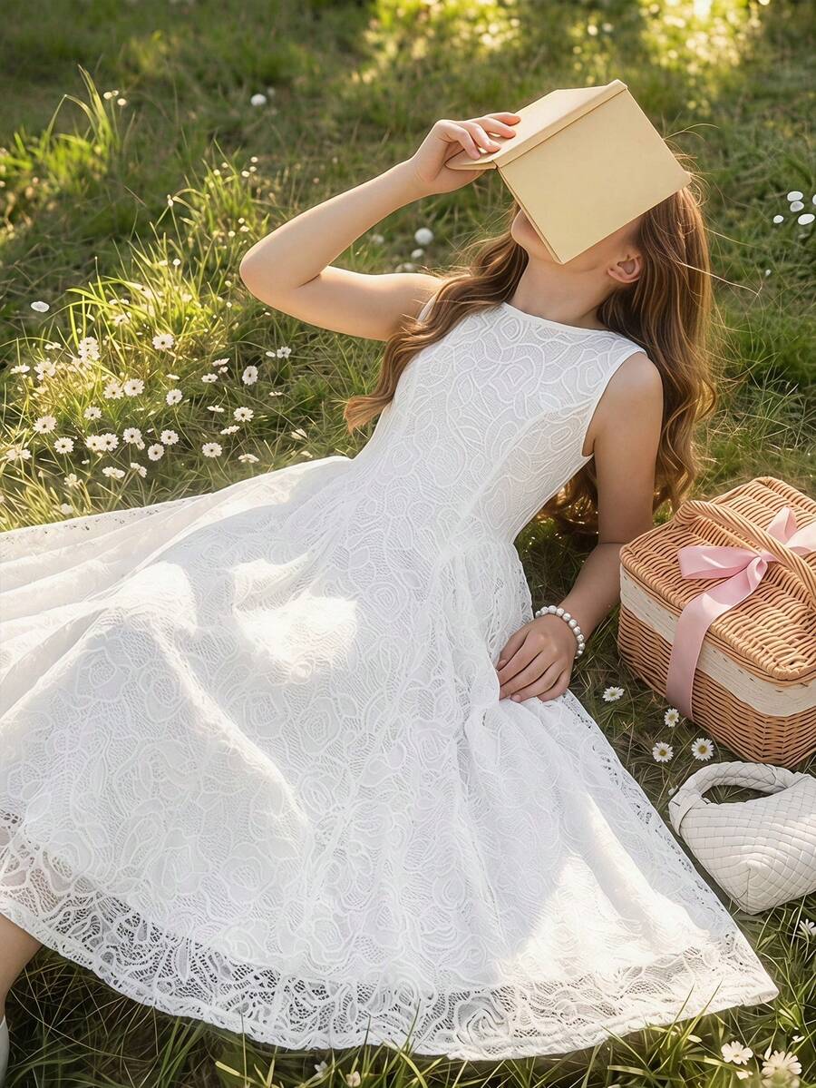 SHEIN 少女優雅時尚純白色蕾絲洋裝,百搭適合日常穿著、儀式、派對、花童婚禮,新款女童洋裝 - 白色 - 查看 1