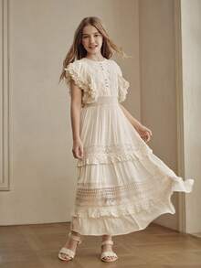 Anewsta Abito da festa di giugno estivo elegante con scollo rotondo, vita arricciata, patchwork e bordo in pizzo, abito da ragazza, abiti da sera e da occasione di lusso, matrimonio, festa - Albicocca - Visualizzare 4