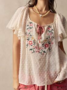 Bohemela 夏/秋度假刺繡花卉圖案梭織寬鬆女款襯衫，日常穿著，鄉村音樂會派對，返校季 - 彩色 - 查看 3
