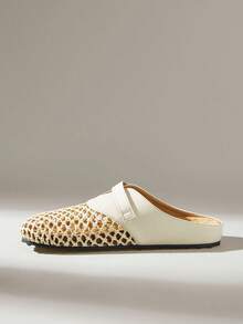 Solecia Spring And Summer New Woven Mat Mesh, Splicing With Decoration, Round Toe Design, Slip-On Heel, Comfortable And Simple Vacation, Women's Flats, A Must For Commuting, Casual And Versatile - apricot leather - View 3