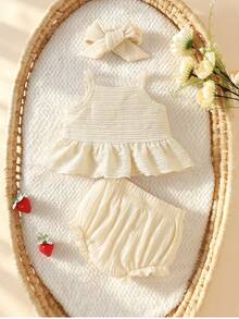 SHEIN Newborn Baby Girl Summer New Style Printed Pattern Cute Triangle Bib Set With Headband - Apricot - View 2