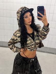 StreetHx Women's Spring/Autumn American Street Camouflage Cool Design Hooded Short Jacket, Slimming Camouflage Regular Jacket - Multicolor - View 6