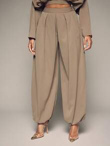 Hauture Women's Sexy Casual Solid Color Pleated Wide Leg Bubble Hem Pants, Office Wear, Business Casual, Going Out, Desk To Dinner, Happy Hour - Khaki - View 2