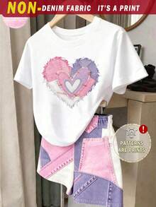(6 Sets Aleatorios, Envío de 2 Sets) Conjunto Básico de Camiseta Corta + Shorts con Estampado de Flores Tie Dye Creativo Personalizado y Patrón de Lazo Brillante para Niña Joven de Verano - Multicolor - Ver 6
