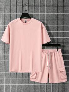 Manfinity Homme 男士純色短袖T恤與抽繩腰工裝短褲休閒街頭風日常2件套居家度假裝 灰粉色 夏季 - 粉色 - 查看 3