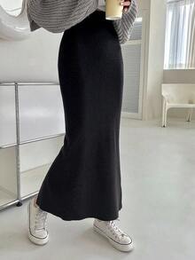 Dazy Tall Women's Long Elegant Back Slit Knit Skirt Fall - Black - View 10
