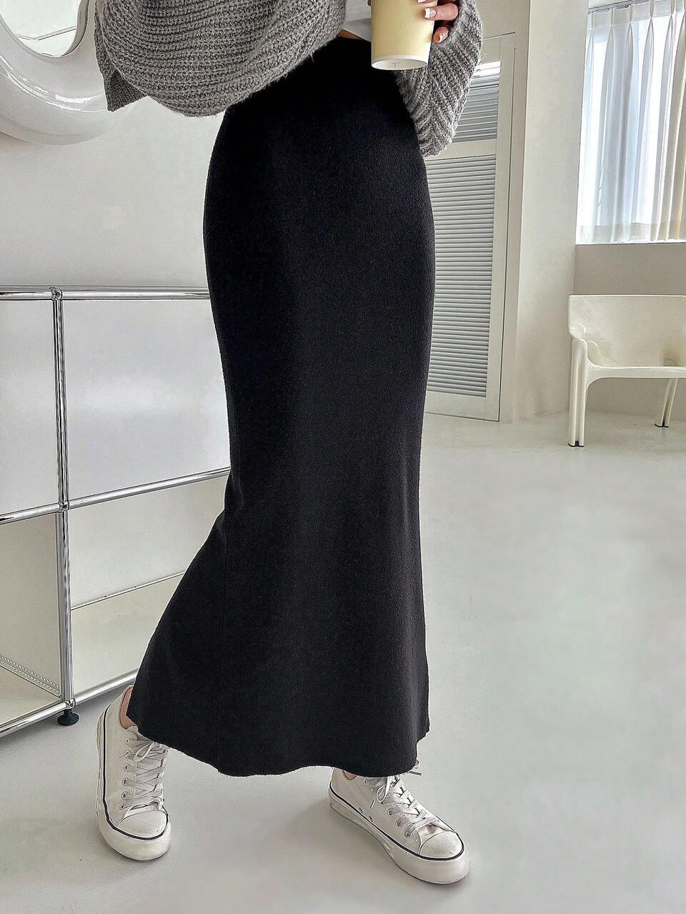 Women's Long Elegant Back Slit Knit Skirt Fall