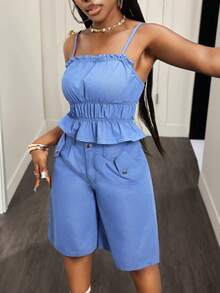 Slaydiva Women's Summer Casual Spaghetti Strap Shorts Denim Set - Blue - View 6