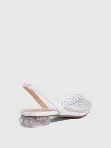 CUCCOO SZL Women's Pointed Short Heel Empty Fashion Elegant Party Shoes. Transparent TPU Fabric Contrasting Rhinestones - White - View 3