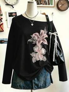 Lalippa Y2K Women's Faux Floral Print Comfortable Color Pattern Asymmetric Neck Casual Long Sleeve T-Shirt, Suitable For Spring/Summer Daily Wear And Gatherings - Black - View 3