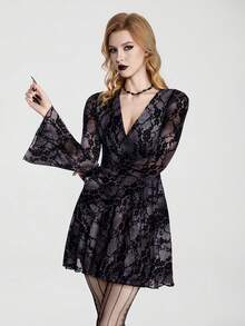 Breakform Gothic Goth Halloween Sexy Romantic Lace Flocked-Print Short Dress With Blurred Rose Pattern Bell-Sleeve Mini Night Grey Autumn - Black - View 1