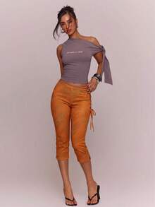 MUSERA Asymmetric Dipped Front Cut Out Lace Up Animal Print Fitted Capri Pants Cute Sexy Holiday Spring Summer Festival Cool Girl Vintage Evening Party Vacat - Orange - View 1