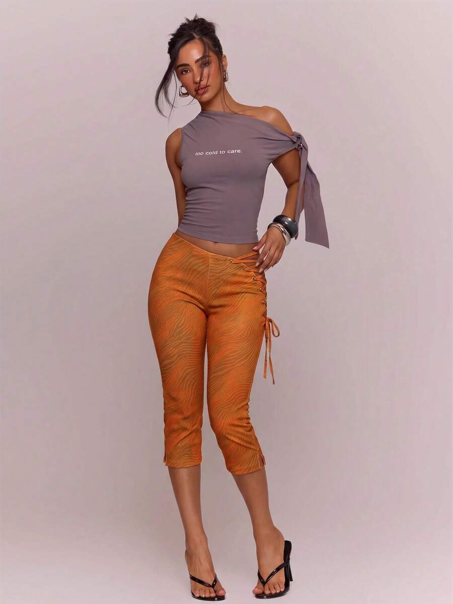 MUSERA Asymmetric Dipped Front Cut Out Lace Up Animal Print Fitted Capri Pants Cute Sexy Holiday Spring Summer Festival Cool Girl Vintage Evening Party Vacat - Orange - View 1