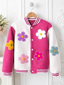 SHEIN Tween Girls Casual Fashion Spring/Autumn Colorful 3D Flower Colorblock Baseball Jacket - Multicolor - View 6